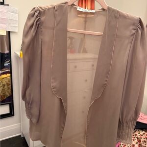 Gillia Taupe Sheer Open-Front Blouse with Puff Sleeves